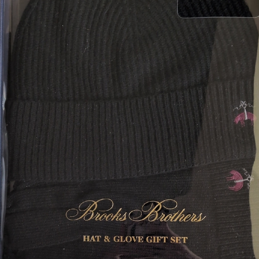 Brooks Brothers Black Ribbed Beanie and Glove Set with Logo Accent
